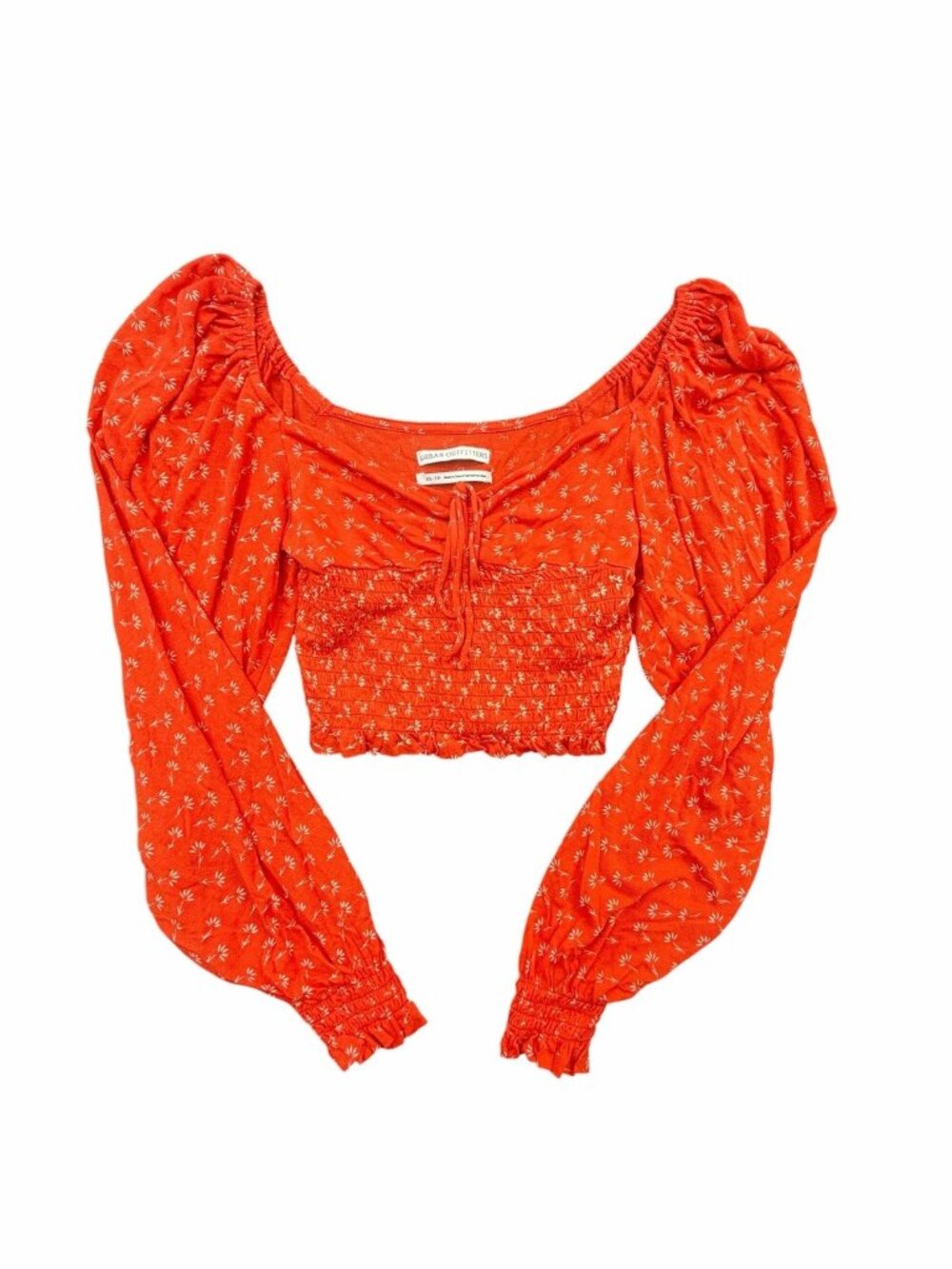 Urban Outfitters Smocked Crop Top Womens XS Orange Floral Puff Sleeve Boho